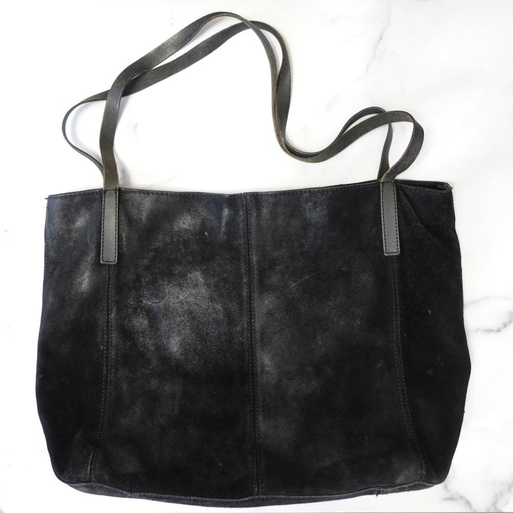 Vtg KIOMI 90s Black Suede Tote Bag Large Minimalist Distressed Leather Slouchy